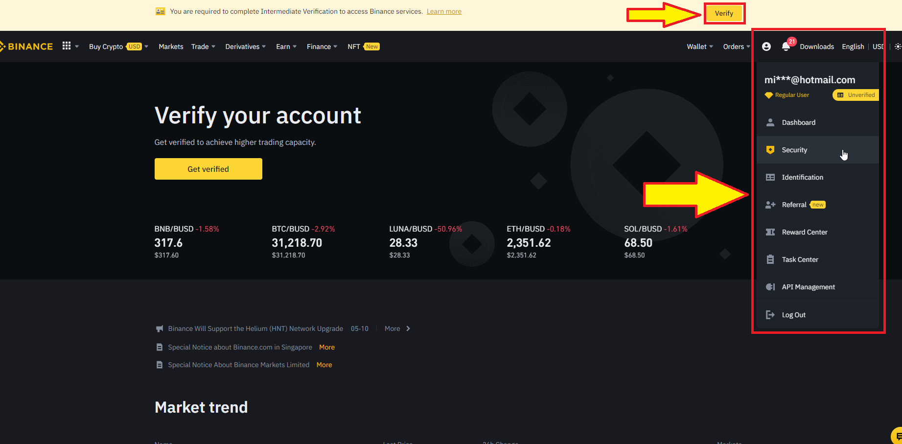 Where to find the verify account process on Binance
