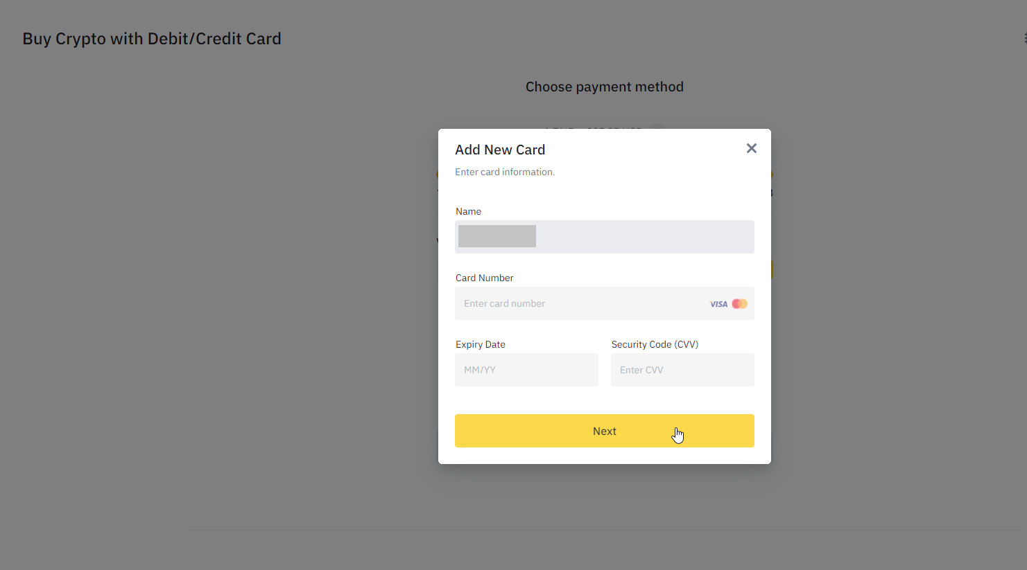 Add your credit card to buy the crypto Aurora with a verified account on Binance