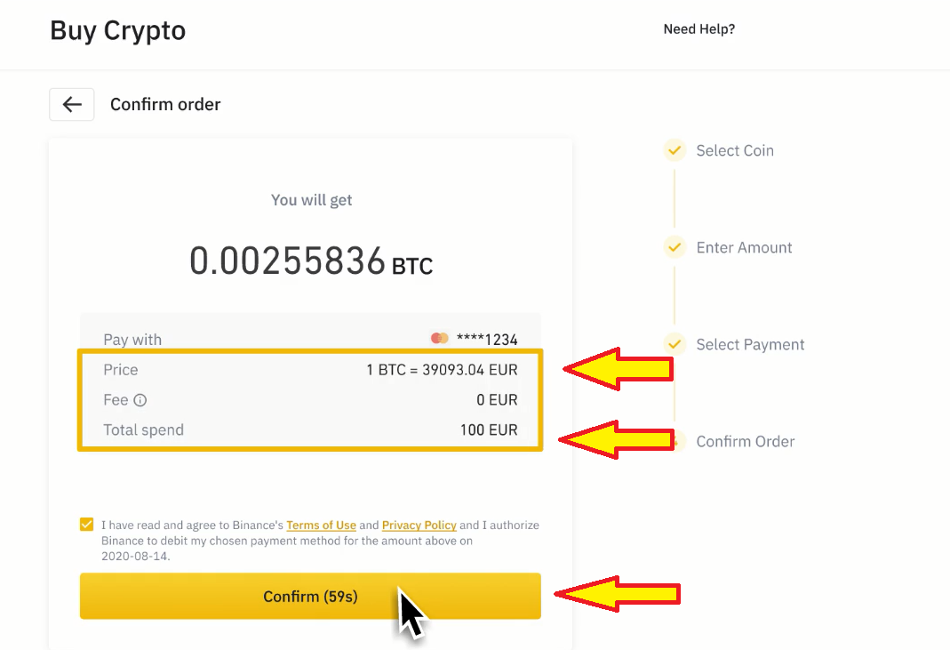Confirmation of the purchase for the crypto Kephi Gallery with a verified account on Binance